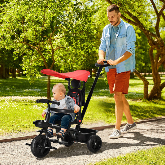 HOMCOM 4 in 1 Baby Tricycle Toddler Stroller Foldable Pedal Tricycle w/ Reversible Angle Adjustable Seat Removable Handle Canopy Handrail Belt-Red