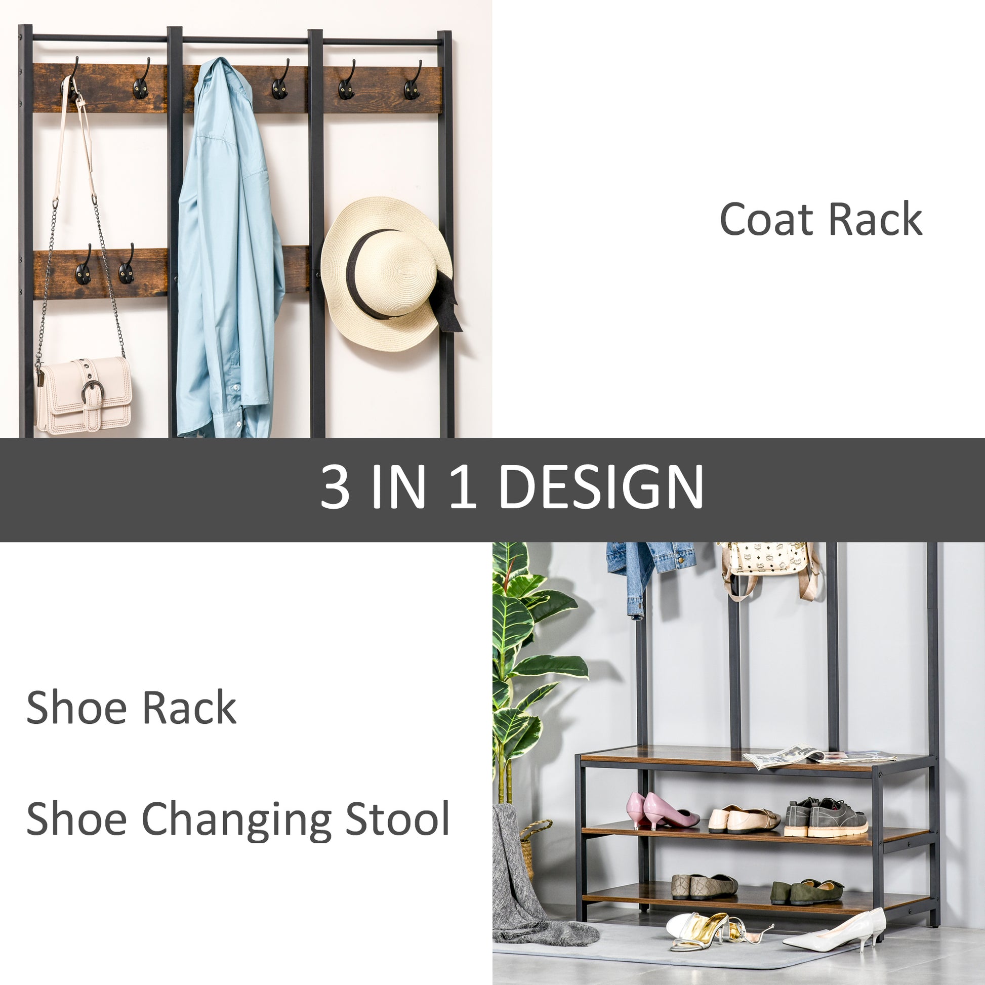 HOMCOM Coat Rack Stand, Free Standing Hall Tree, Coat Stand with Hooks, Bench and Shoe Rack, 100cm x 40cm x 184cm, Rustic Brown and Black