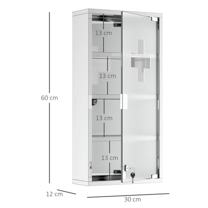 HOMCOM 4 Tier Stainless Steel Wall Mounted Medicine Cabinet Glass Lockable Door Storage Shelves Houseware Bathroom Furniture 60Hx30Wx12D(cm)