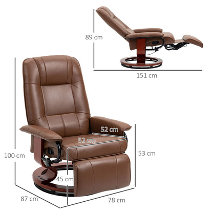 HOMCOM Swivel Recliner, Faux Leather Reclining Chair, Upholstered Armchair with Wooden Base for Living Room, Bedroom, Brown