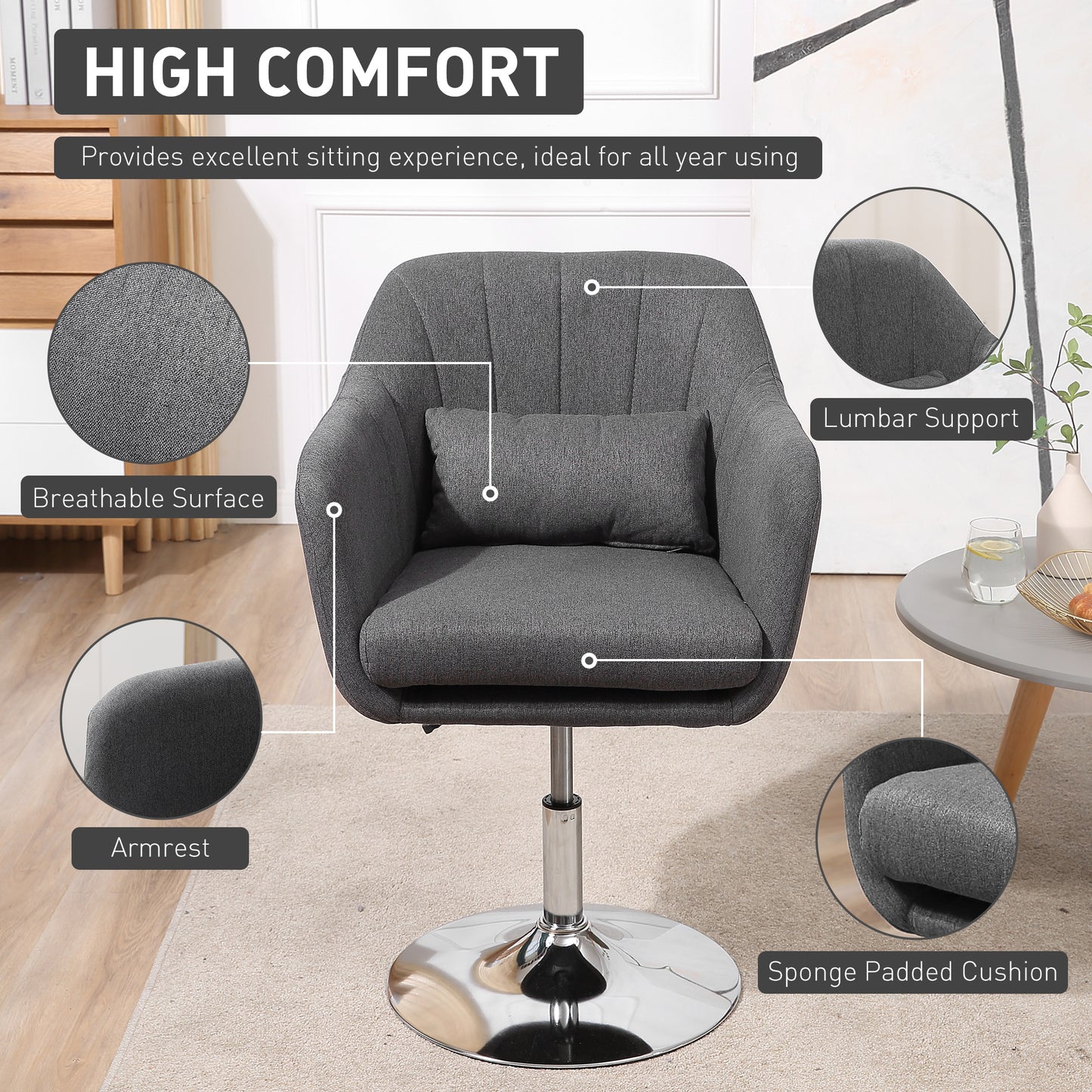 HOMCOM Swivel Accent Chair Contemporary Vanity Armchair with Adjustable Height Thick Cushion Lumbar Support Armrest for Bedroom