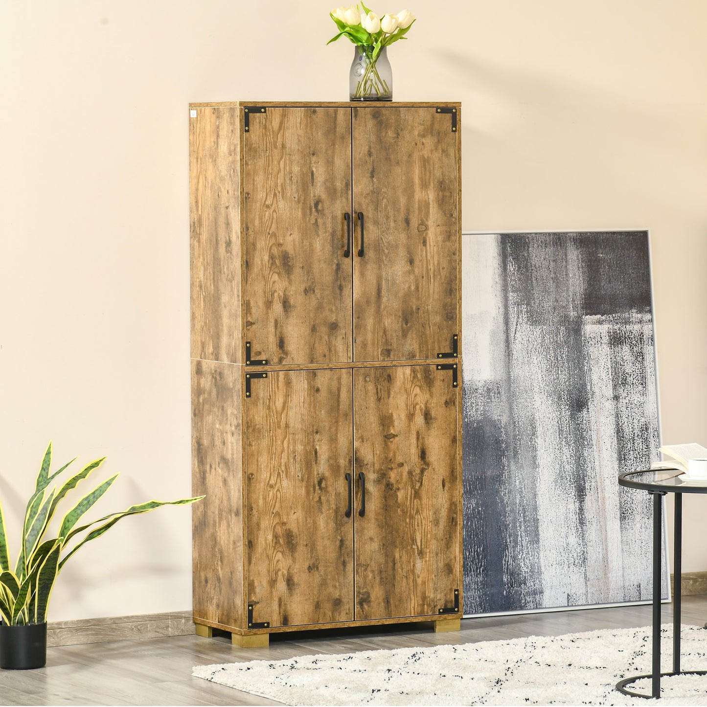 HOMCOM Farmhouse Style Tall Cupboard 4-Door Cabinet with Storage Shelves for Bedroom & Living Room, Rustic Wood Effect