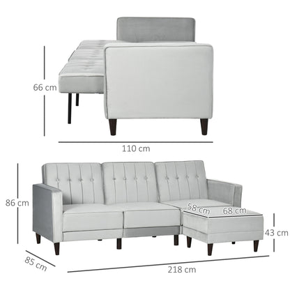 HOMCOM L Shape Sofa Bed Set with 3-Seater Sofa and Footstool, Corner Sofa Bed with Ottoman, Light Grey