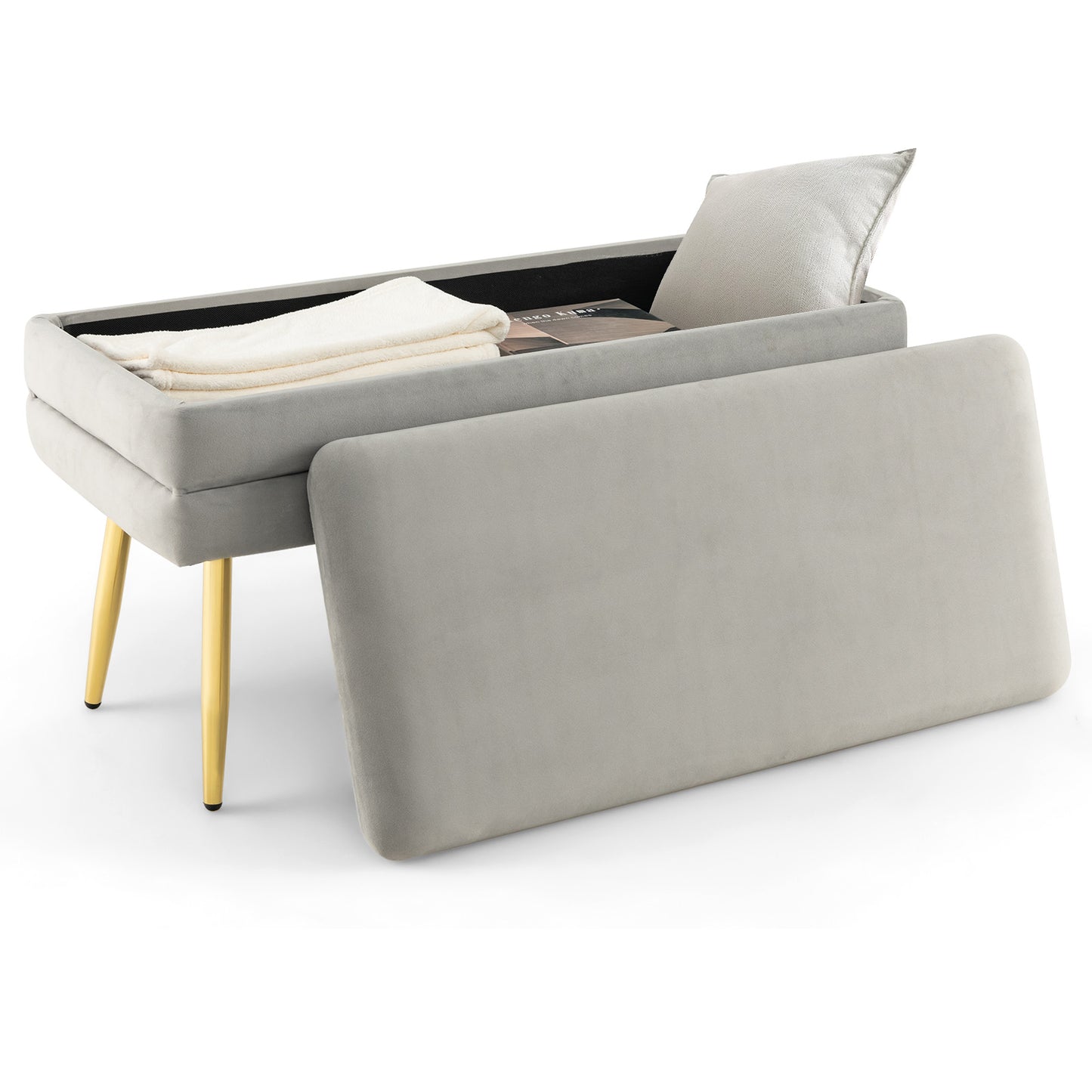 Velvet Upholstered Storage Bench with Removable Top-Grey