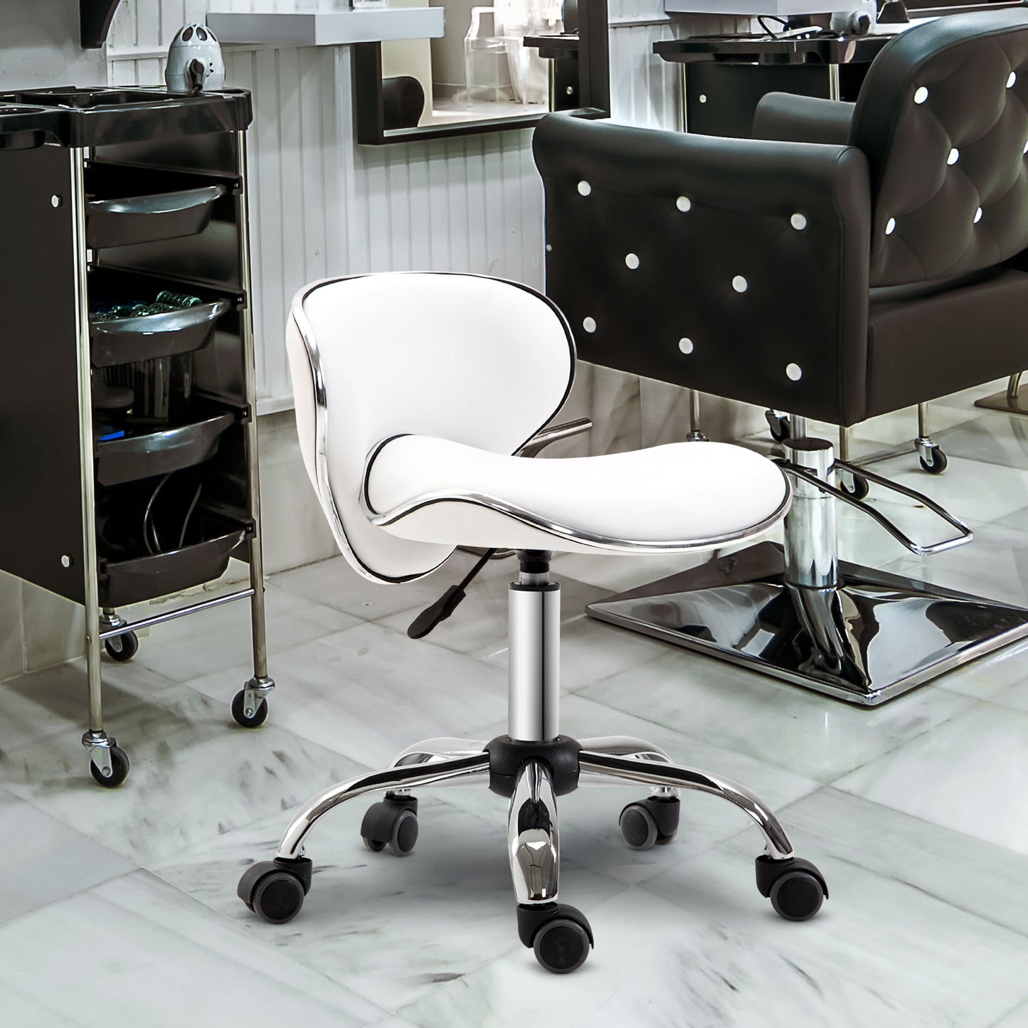 HOMCOM PU Leather Rolling Swivel Salon Chair Salon Stool with Backrest White