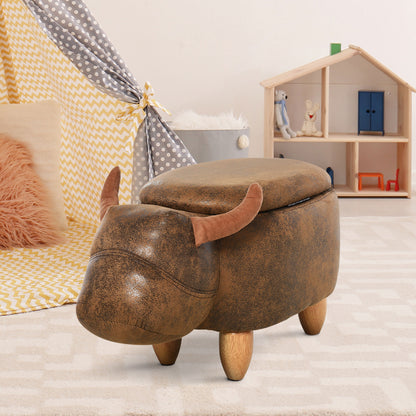 HOMCOM Animal footstool Buffalo Storage Stool Cute Kids Decoration Wood Frame Legs w/Padding Lid Ottoman Furniture Brown