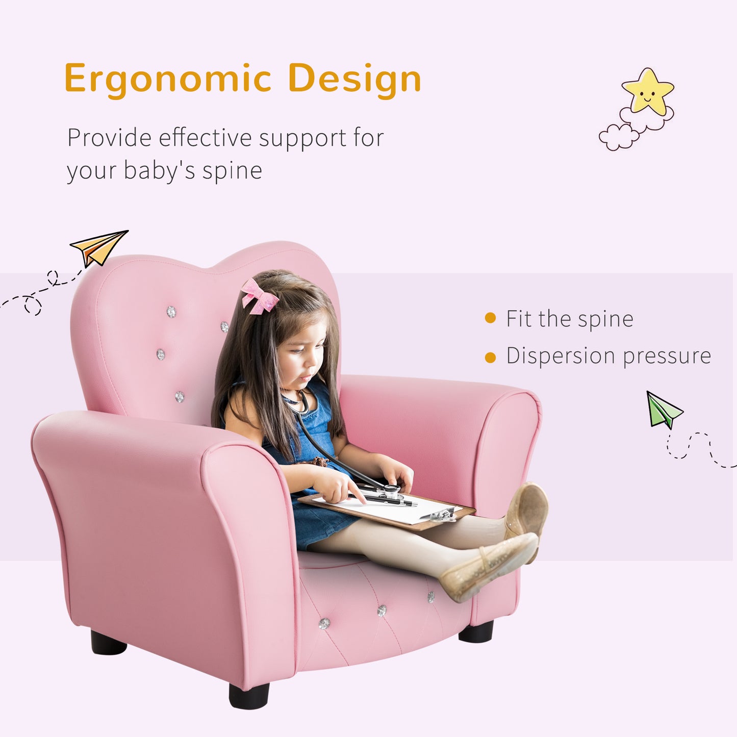 HOMCOM Kids Toddler Chair Sofa Children Armchair Seating Relax Playroom Seater Girl Princess Pink