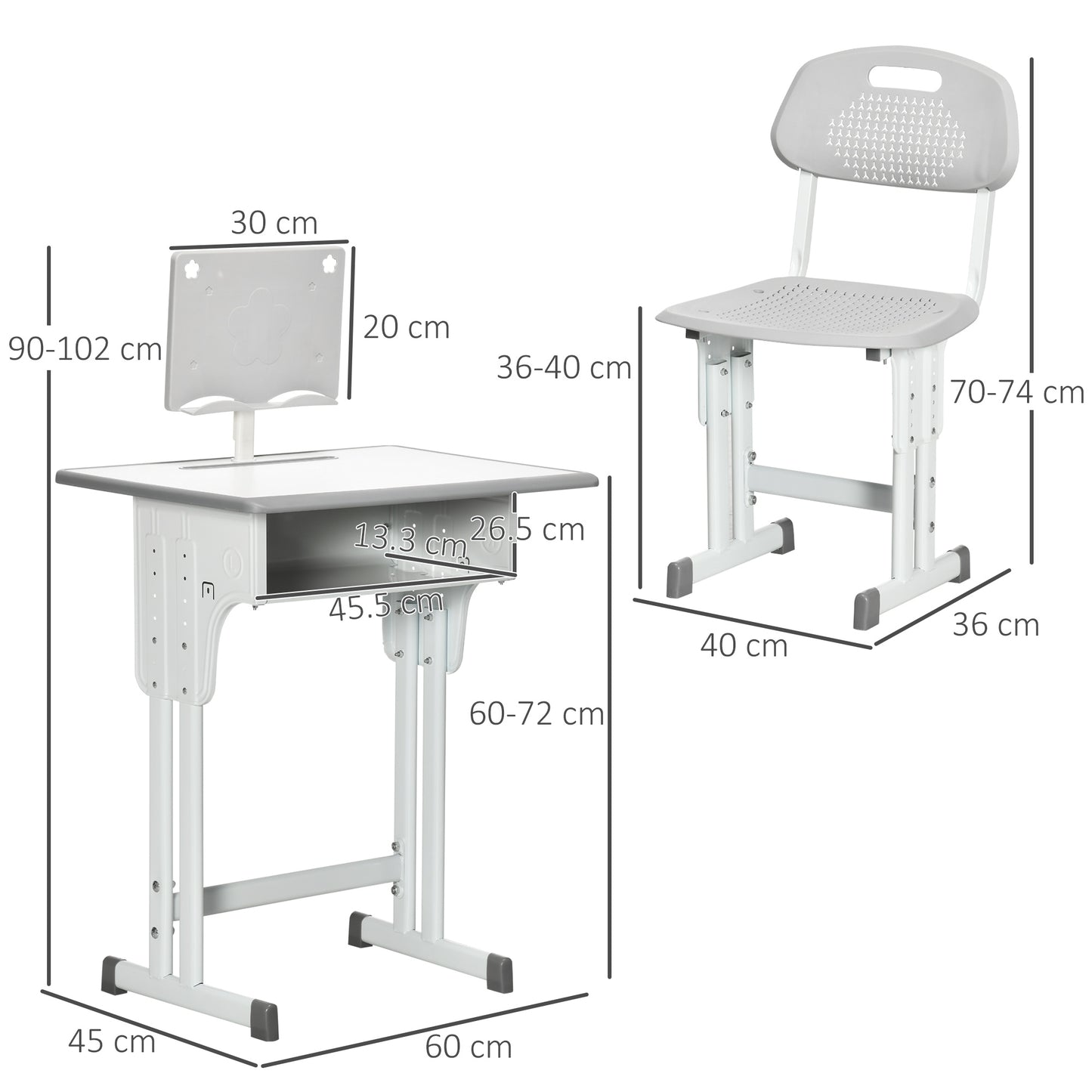 HOMCOM Kids Desk and Chair Set, Height Adjustable Study Table Set with Storage Drawer, Book Stand, Cup Holder, Pen Slot, Grey