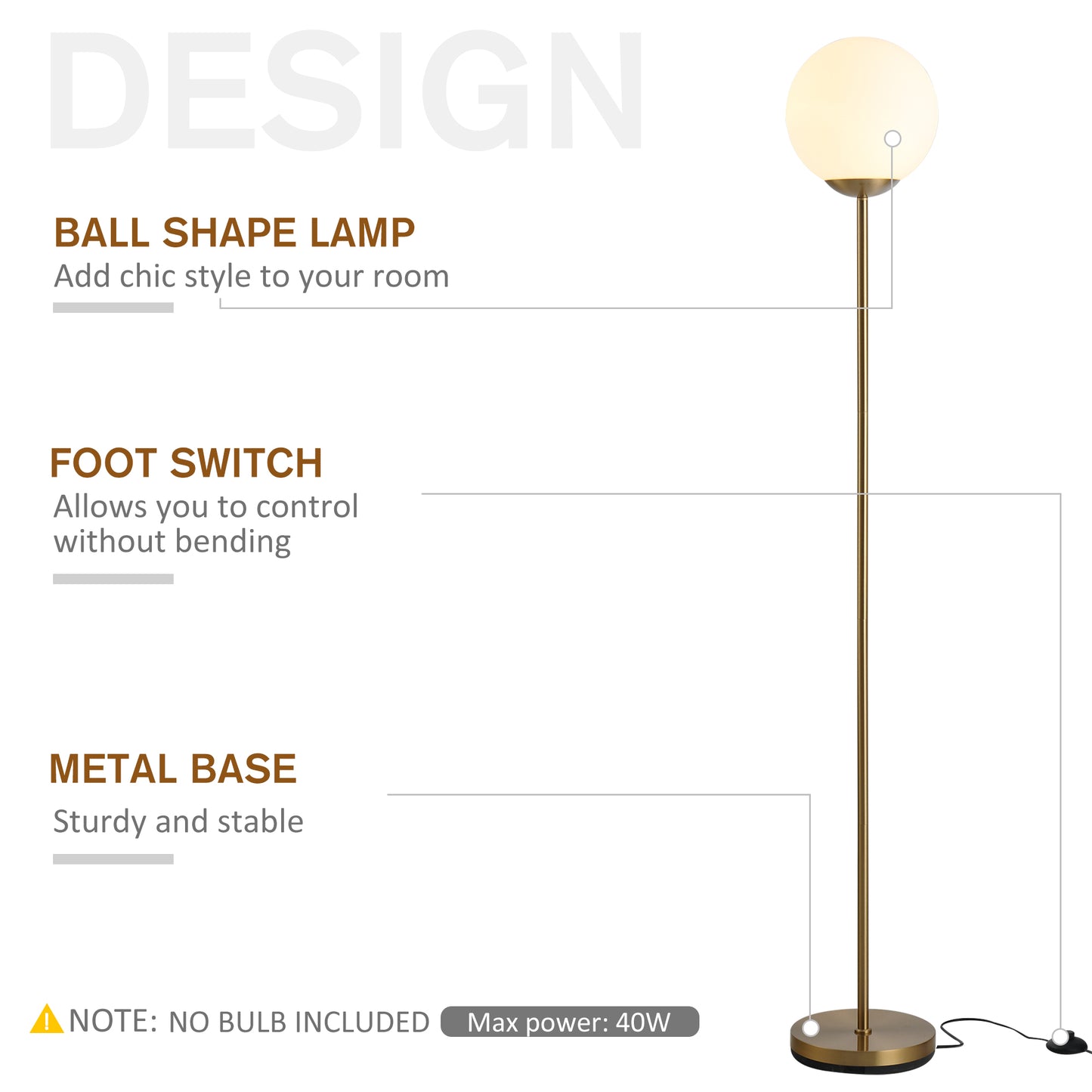 HOMCOM 171cm Glass Globe Floor Lamp Metal Frame Sphere Light Pedal Switch Home Office Living Room Modern Unique Standing Beautiful Furnishing - Gold