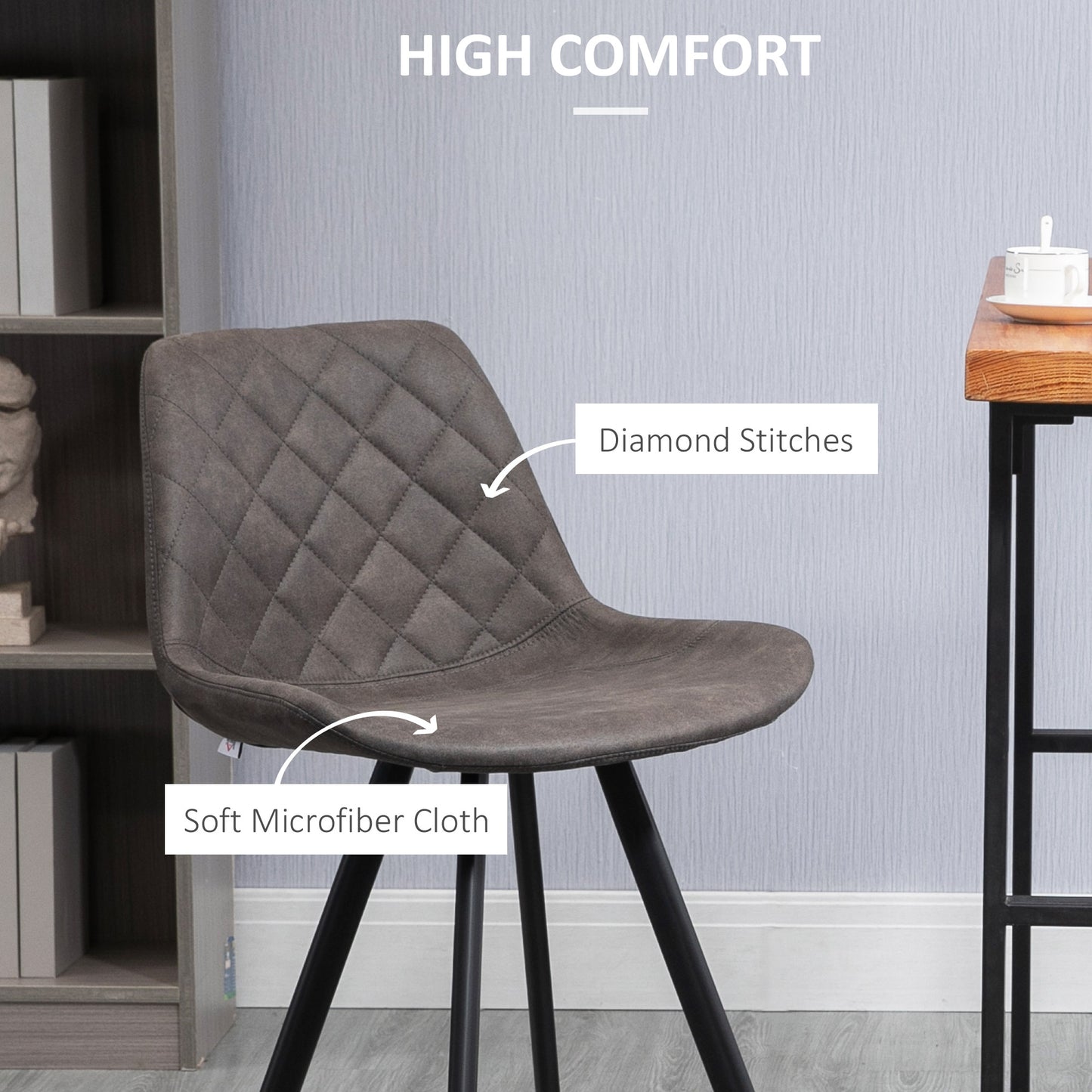 HOMCOM Set Of 2 Bar Stools Vintage Microfiber Cloth Tub Seats Padded Comfortable Steel Frame Footrest Quilted Home Kitchen Chair Stylish Dark Grey