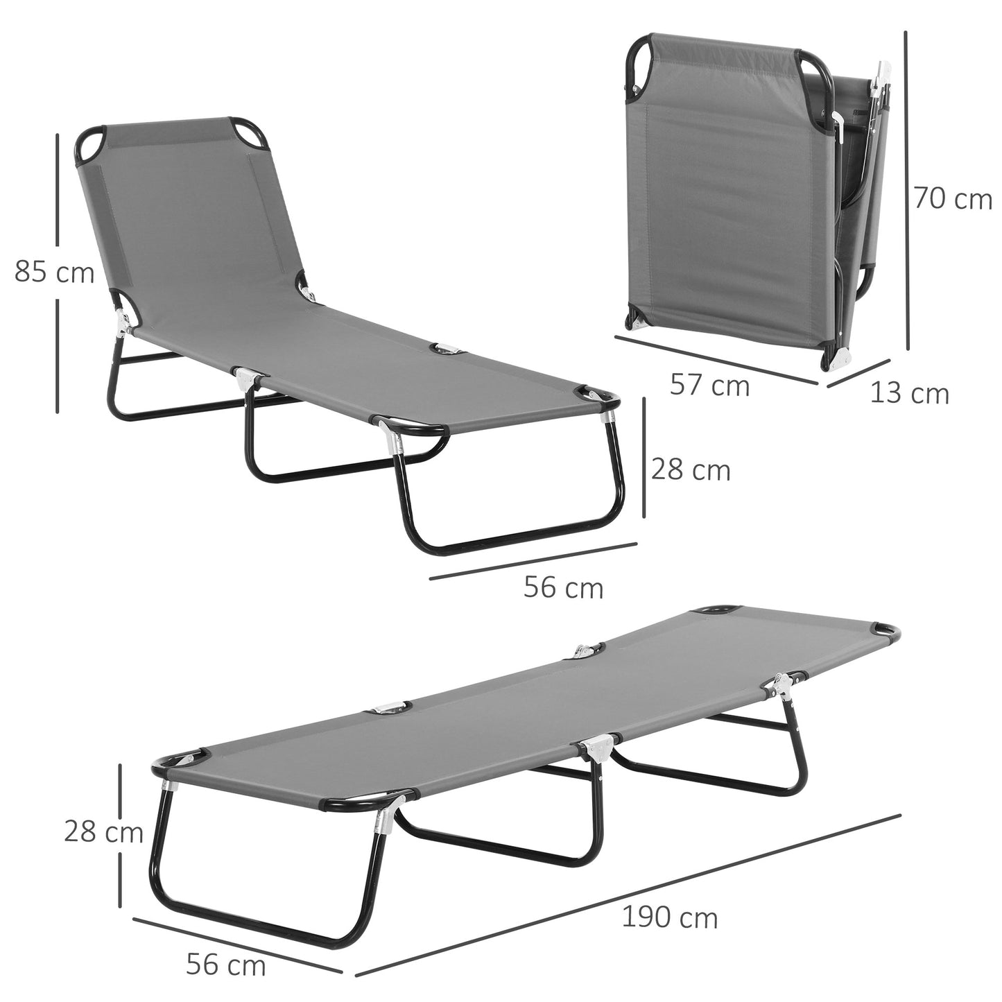 Outsunny 2 Pieces Foldable Sun Lounger Set With 5-Position Adjustable Backrest, Portable Relaxer Recliner with Lightweight Frame Grey