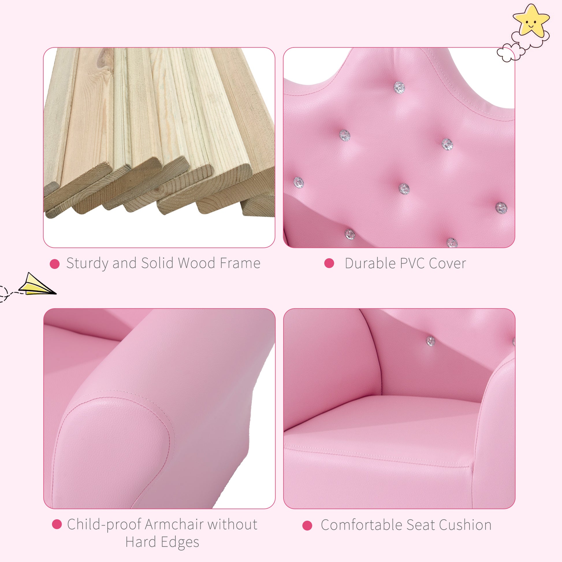 HOMCOM Children Kids Sofa Set Armchair Chair Seat with Free Footstool PU Leather Pink