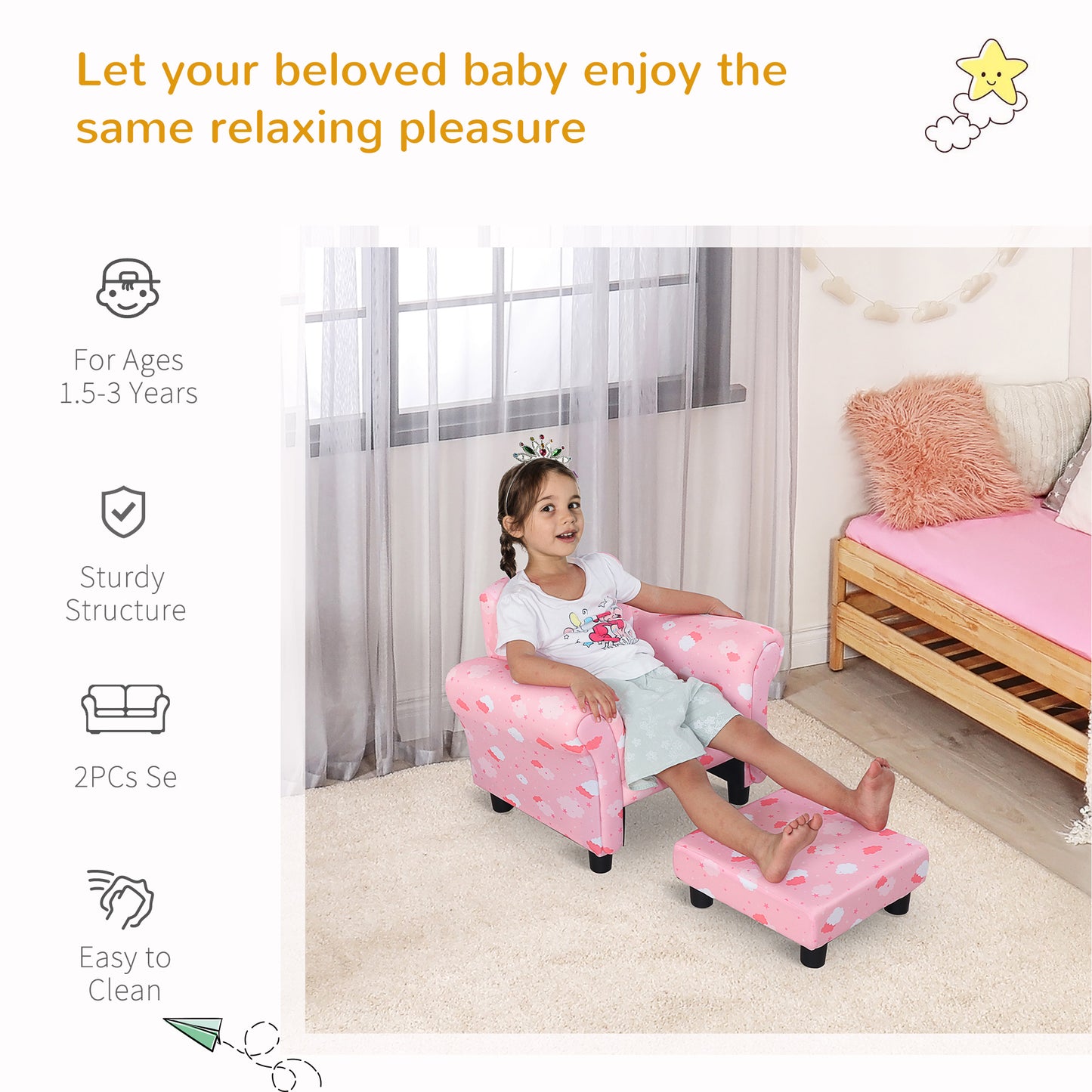 HOMCOM Kids Children Armchair Mini Sofa Wood Frame w/ Footrest Anti-Slip Legs High Back Arms Bedroom Playroom Furniture Cute Cloud Star Pink