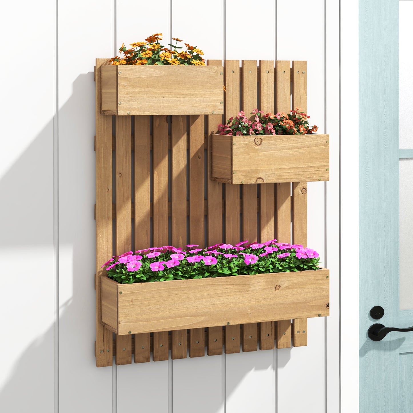 Wall Mounted Garden Planter with 3 Planter Boxes Drainage Holes-Natural