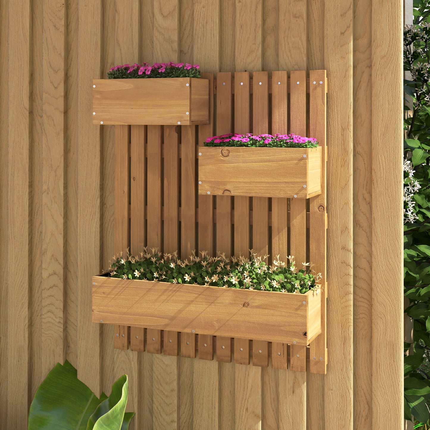 Wall Mounted Garden Planter with 3 Planter Boxes Drainage Holes-Natural