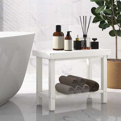 2-Tier Waterproof HDPE Bathroom Shower Stool with Storage Shelf-White