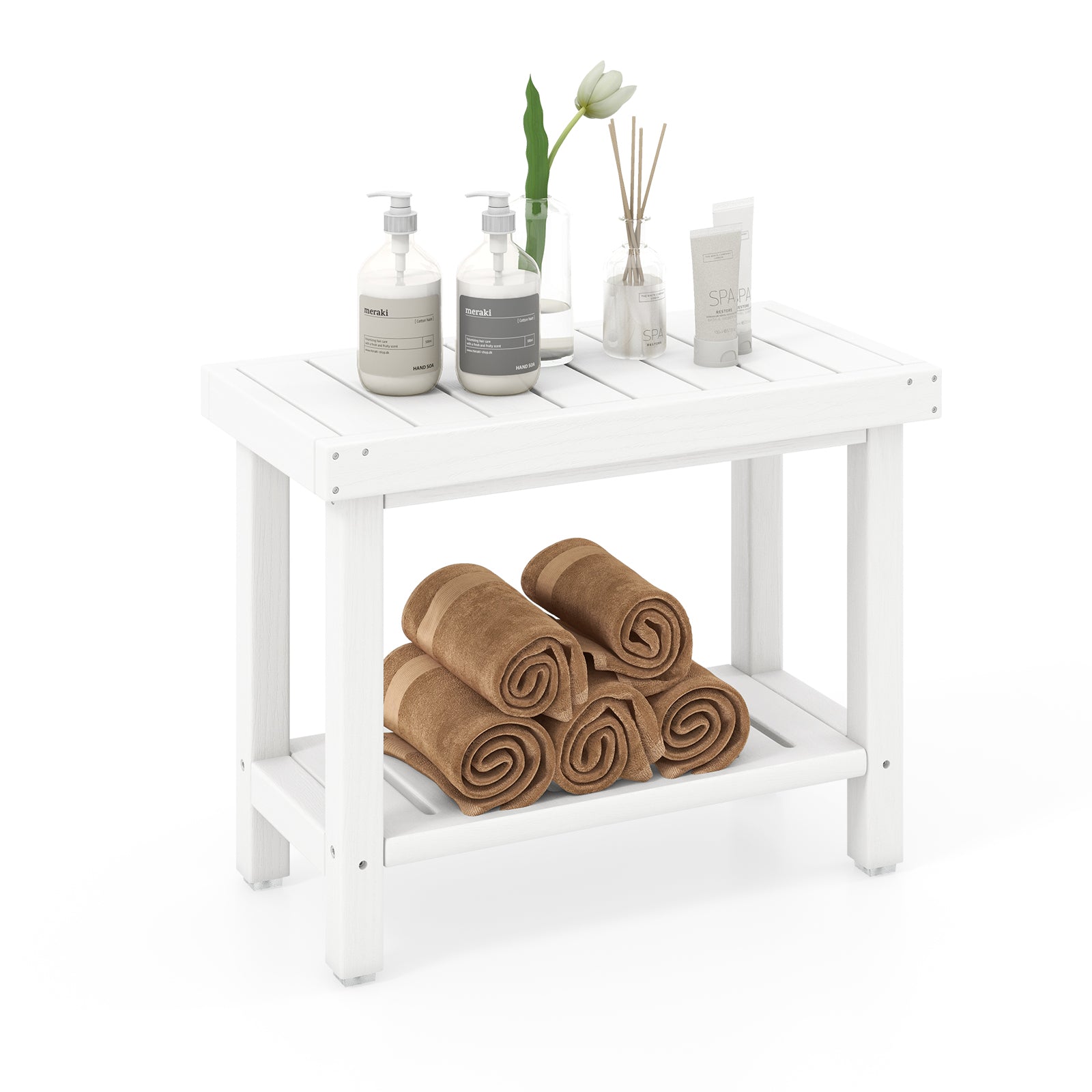 2-Tier Waterproof HDPE Bathroom Shower Stool with Storage Shelf-White