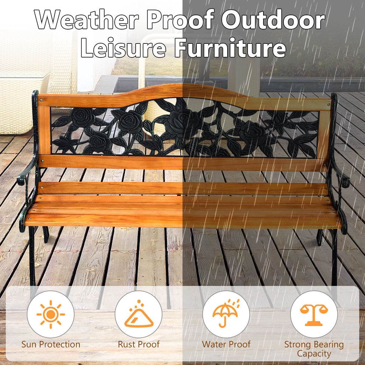 Weatherproof Garden Bench with Iron Structure and Solid Wood Slats Seat 