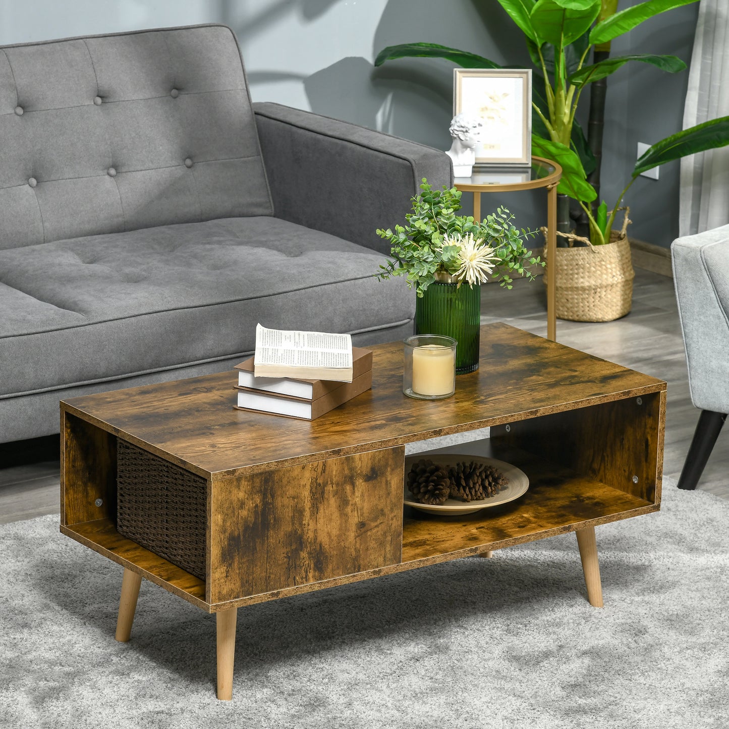 HOMCOM Coffee Table with Open Storage Shelves, Retro Cocktail Table with Solid Wood Legs for Living Room, Rustic Brown