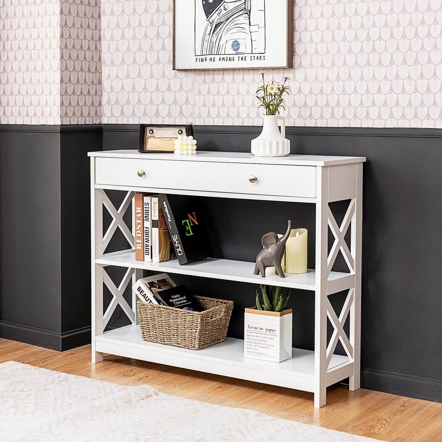 3-Tier Console Table with 1 Drawer and 2 Storage Shelves-White