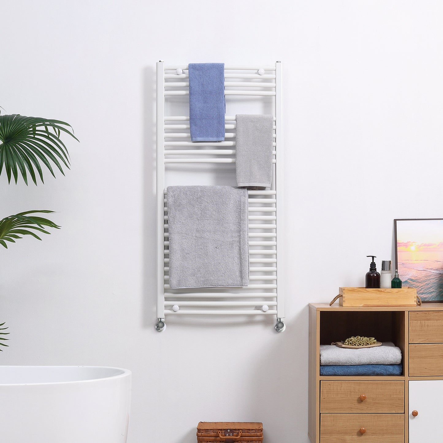 HOMCOM Straight Heated Towel Rail, Hydronic Bathroom Ladder Radiator Towel Warmer For Central Heating 600mm x 1200mm, White