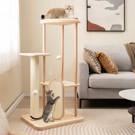 Multi-level Modern Wood Cat Tree with Scratching Board and Post