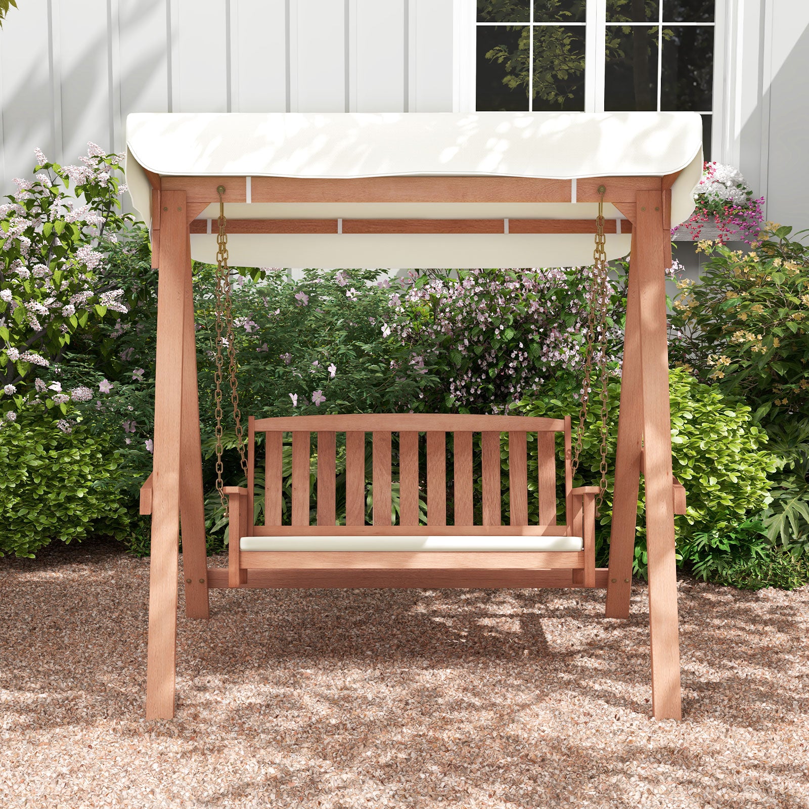 Wood Porch Swing with Canopy, A Frame and Soft Seat Cushions 