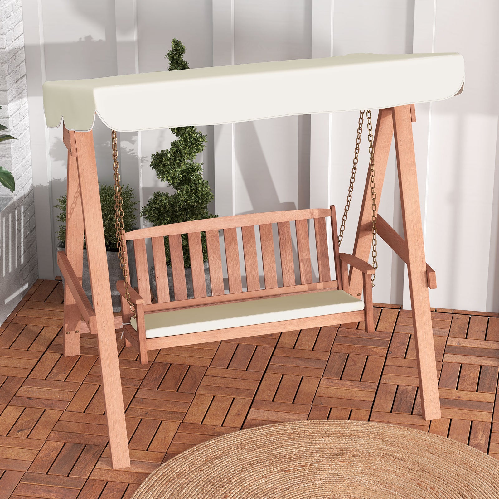 Wood Porch Swing with Canopy, A Frame and Soft Seat Cushions 