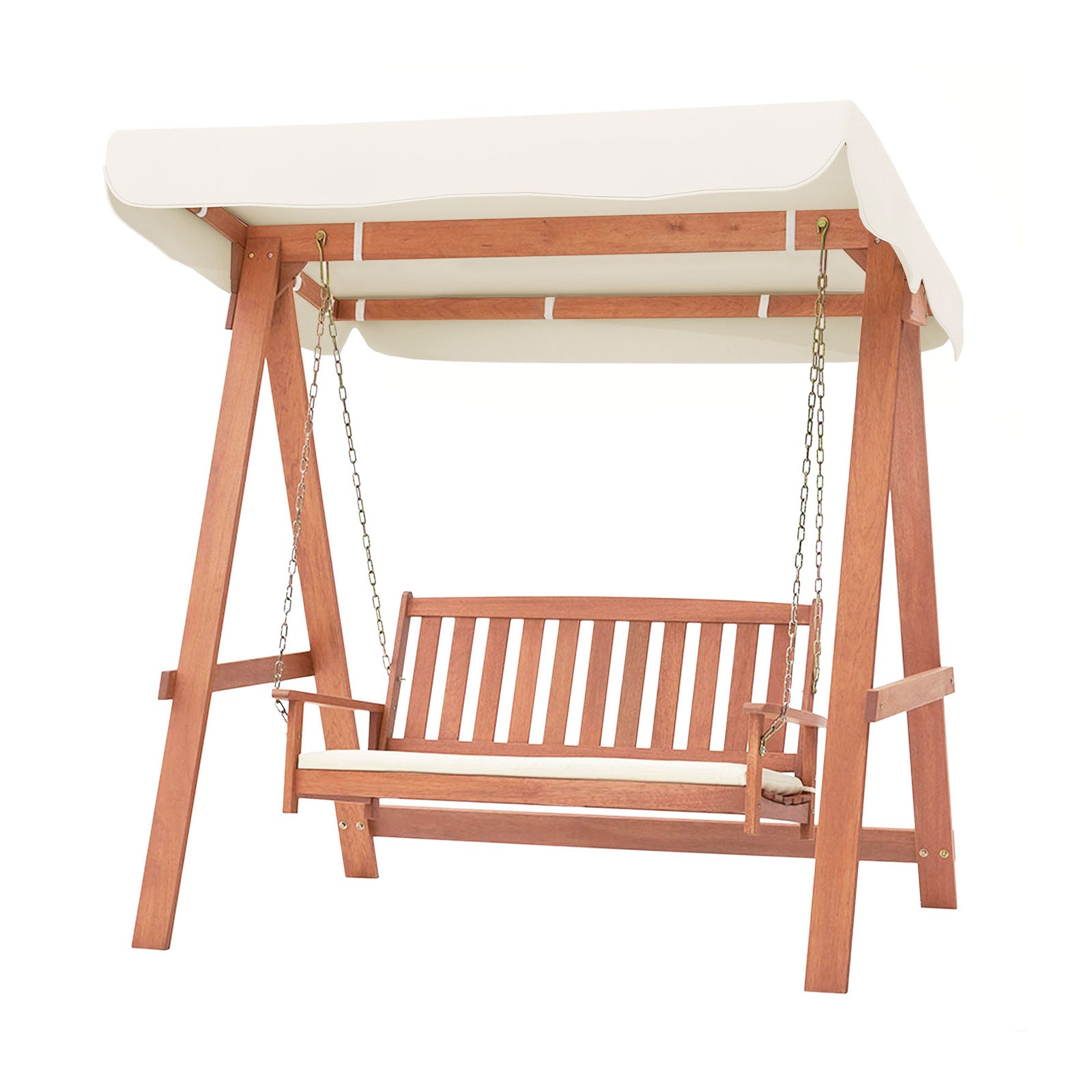 Wood Porch Swing with Canopy, A Frame and Soft Seat Cushions 