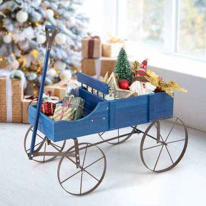 Wood Wagon Flower Planter with Wheels and 2 Planting Sections-Blue