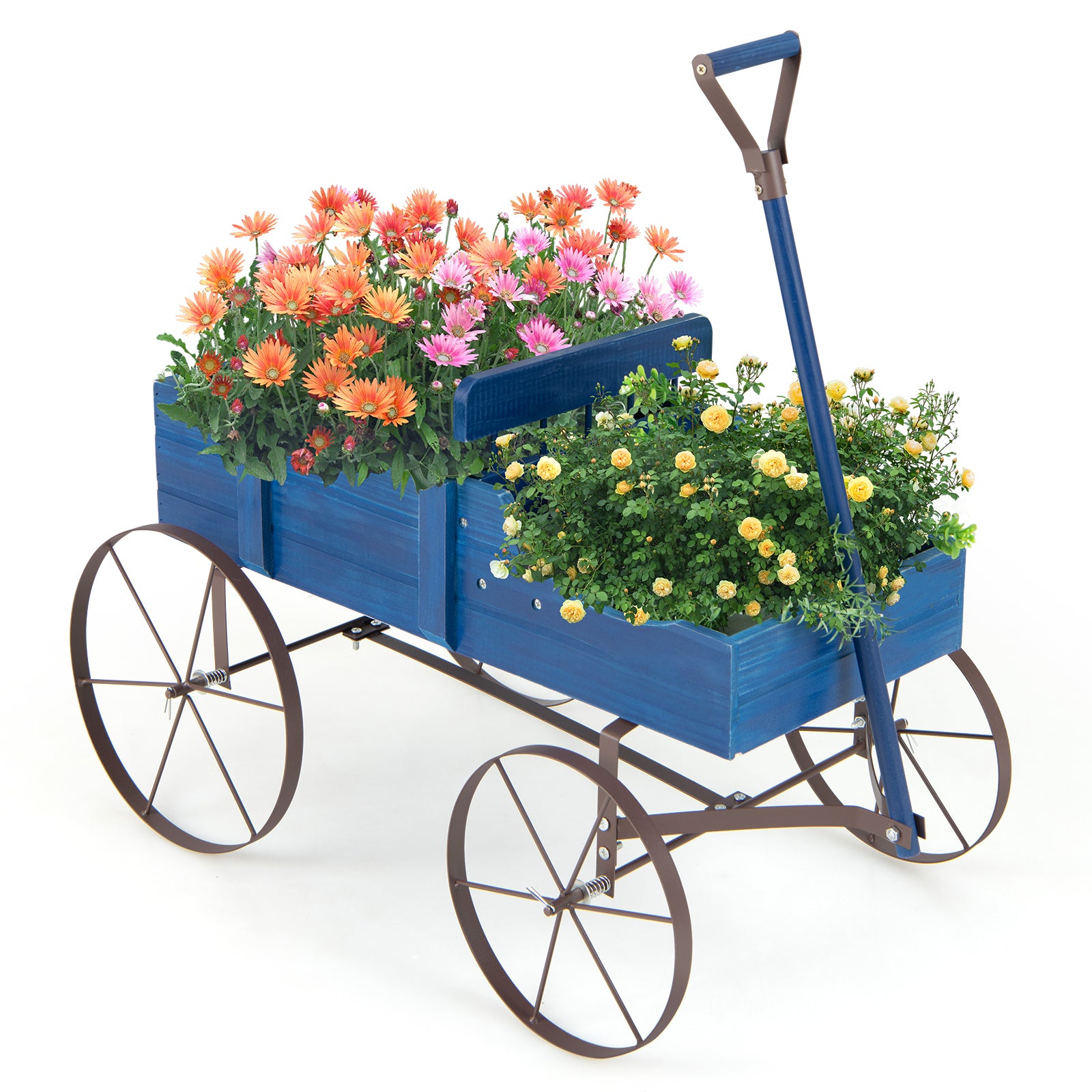 Wood Wagon Flower Planter with Wheels and 2 Planting Sections-Blue