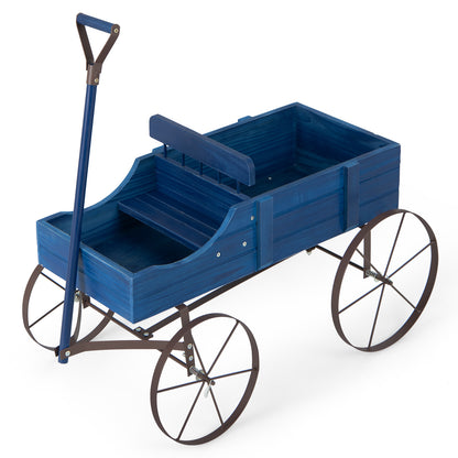 Wood Wagon Flower Planter with Wheels and 2 Planting Sections-Blue