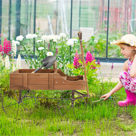 Wood Wagon Flower Planter with Wheels and 2 Planting Sections-Brown