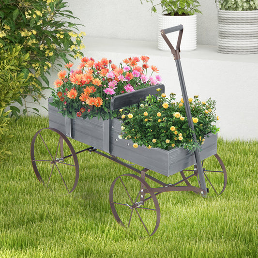 Wood Wagon Flower Planter with Wheels and 2 Planting Sections-Grey