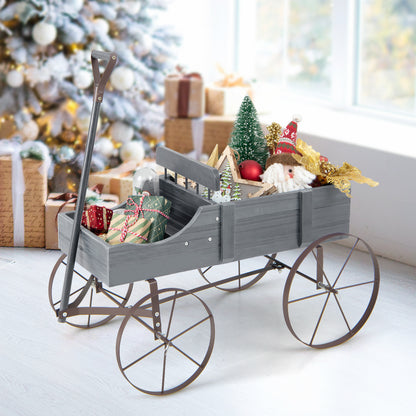 Wood Wagon Flower Planter with Wheels and 2 Planting Sections-Grey