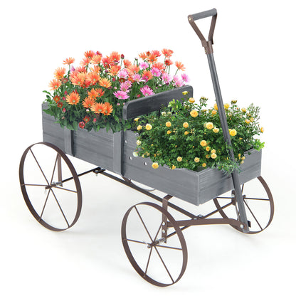 Wood Wagon Flower Planter with Wheels and 2 Planting Sections-Grey