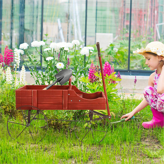 Wood Wagon Flower Planter with Wheels and 2 Planting Sections-Red