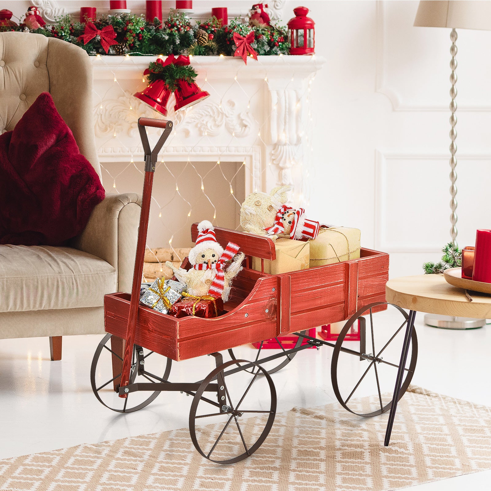 Wood Wagon Flower Planter with Wheels and 2 Planting Sections-Red