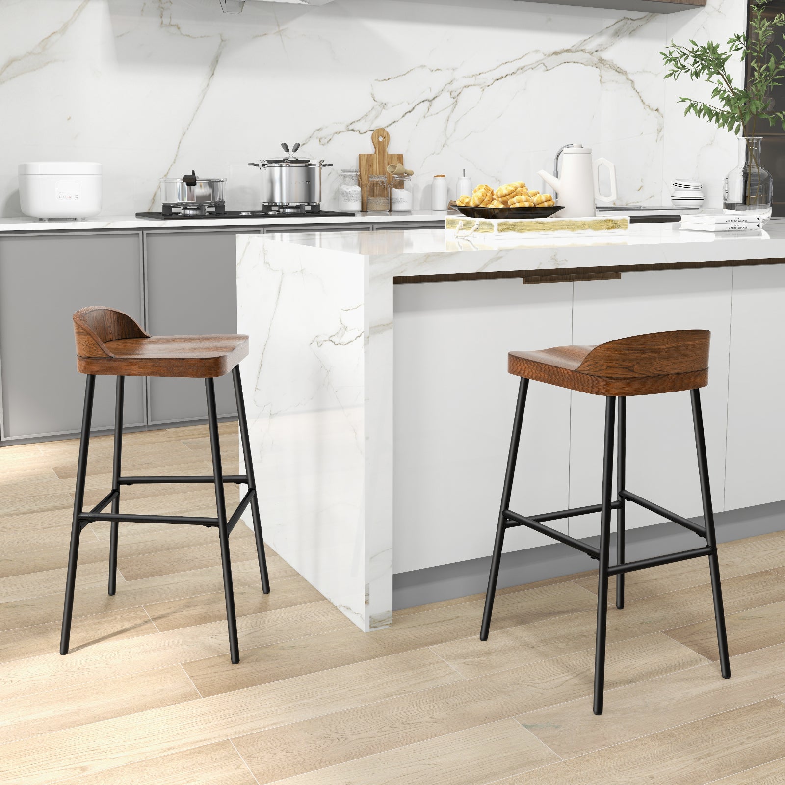 Wooden Bar Stool set of 2 with Chic Low Back and Metal Legs-Brown