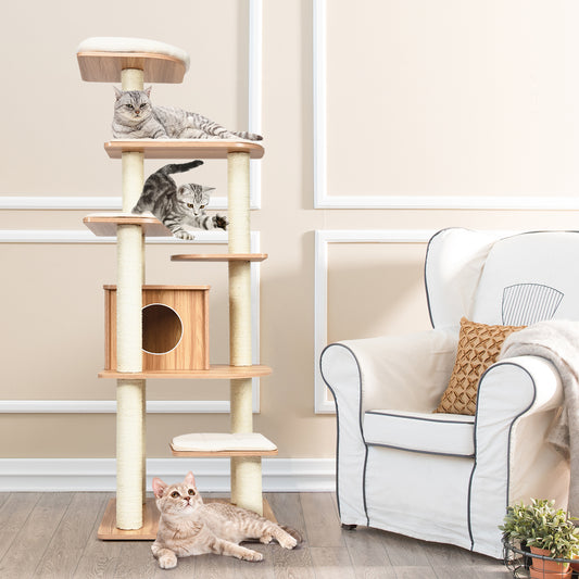 176 CM Wooden Cat Tree with Condo and Free Cushions