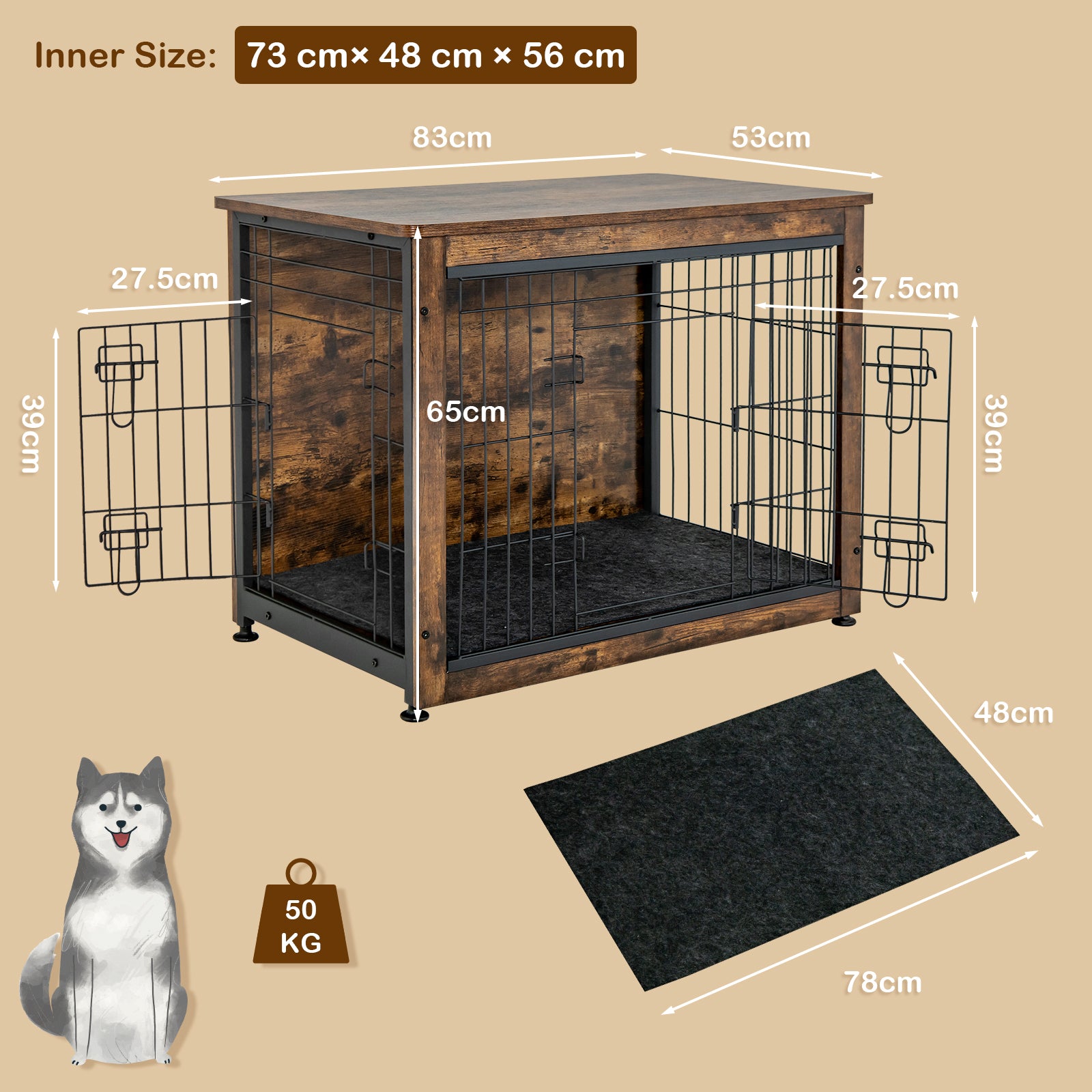 Wooden Dog Cage Furniture with Double Doors and Cushion-Rustic Brown