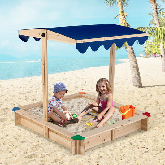 Wooden Kids Sandbox with Height-Adjustable Canopy and Protective Corners