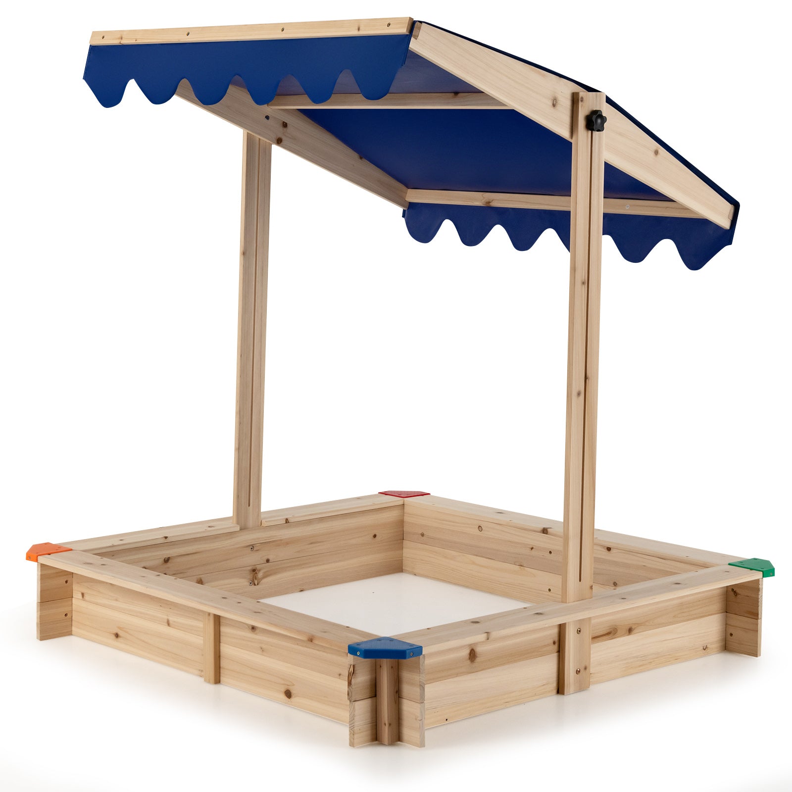 Wooden Kids Sandbox with Height-Adjustable Canopy and Protective Corners