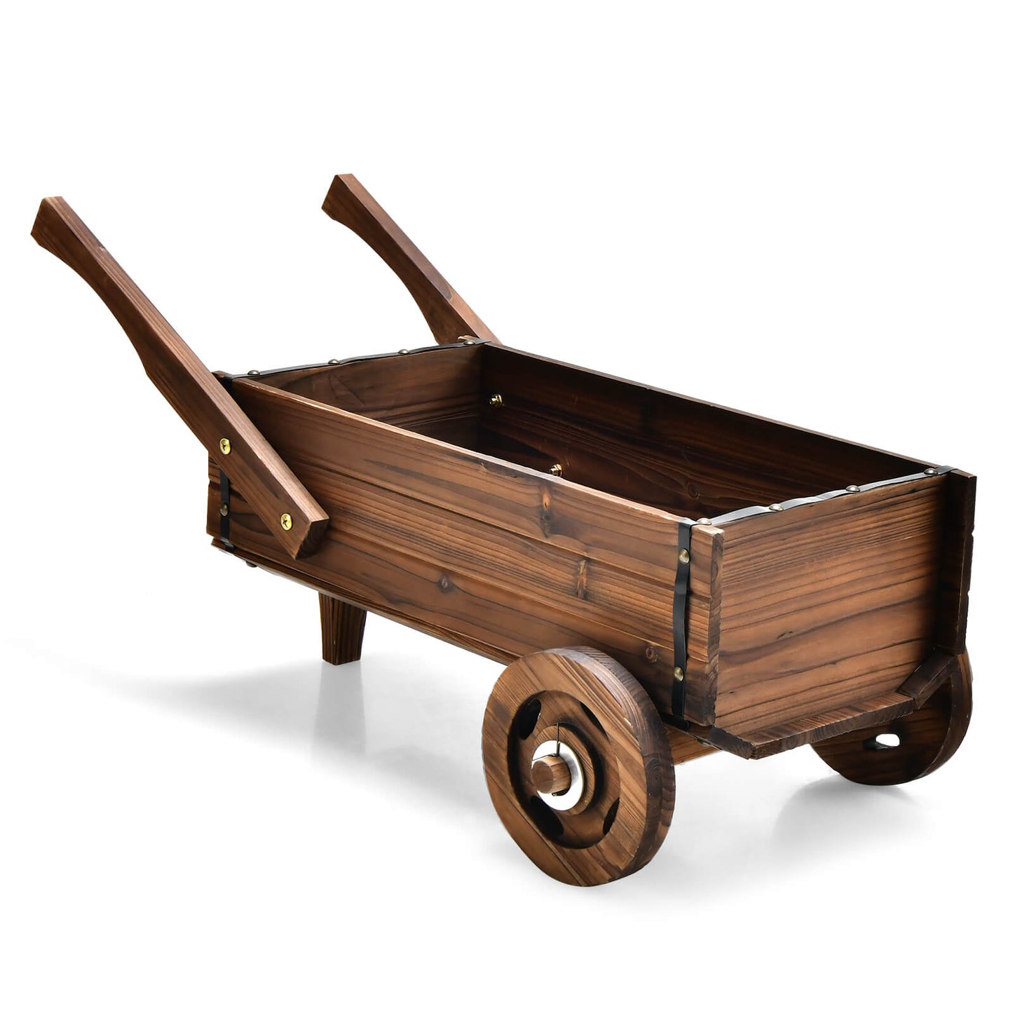 Wooden Wagon Planter Box with Wheels and Drainage Hole-Rustic Brown