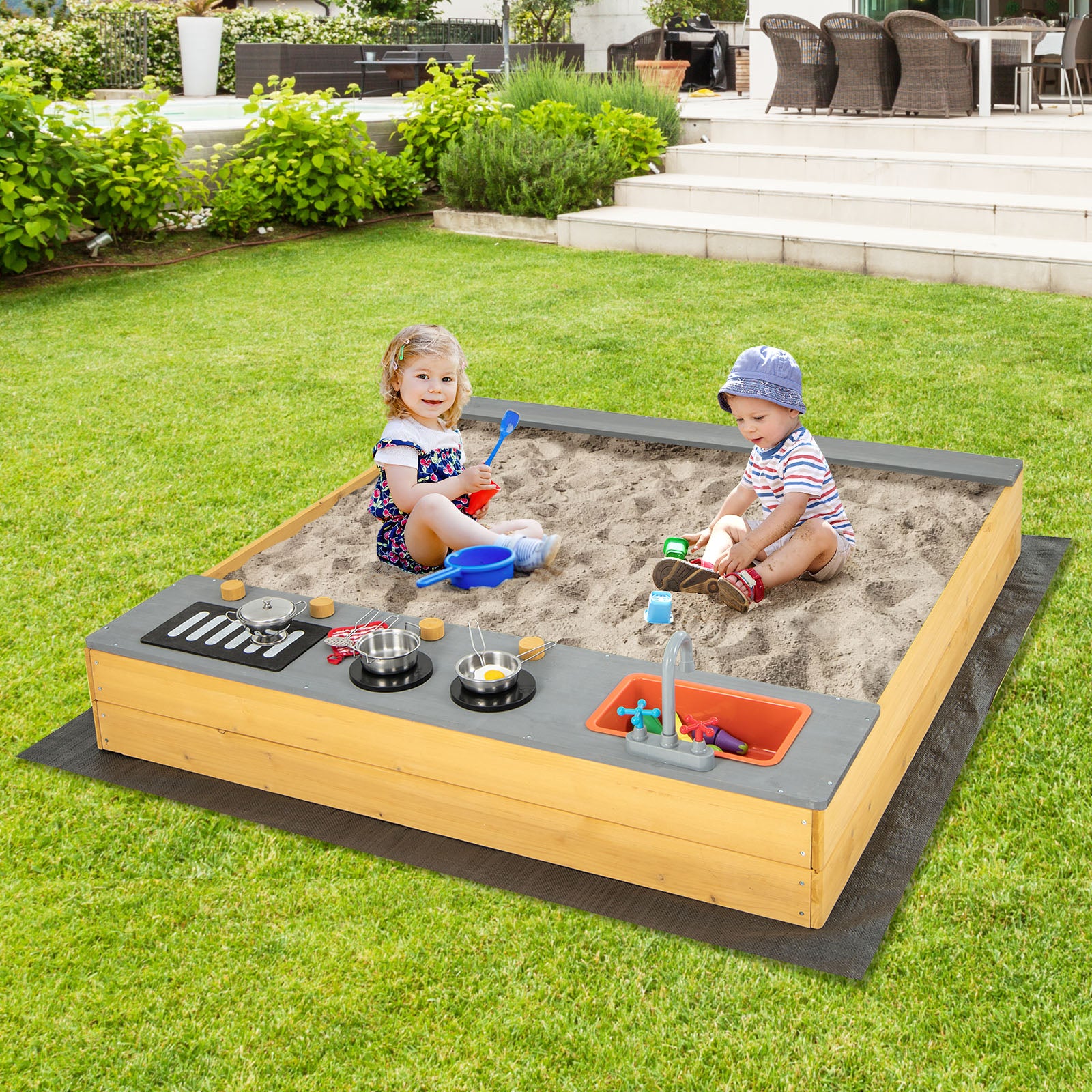 Kids Sandbox with Kitchen Playset Accessories and Built-in Bench Seat for Backyard Garden Bench