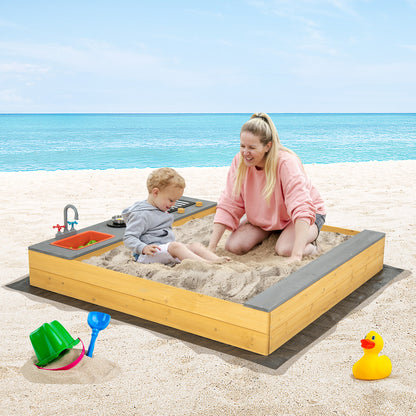 Kids Sandbox with Kitchen Playset Accessories and Built-in Bench Seat for Backyard Garden Bench