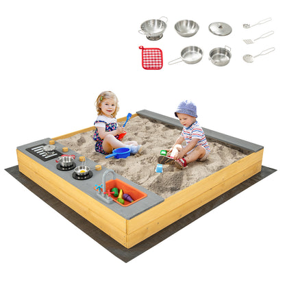 Kids Sandbox with Kitchen Playset Accessories and Built-in Bench Seat for Backyard Garden Bench