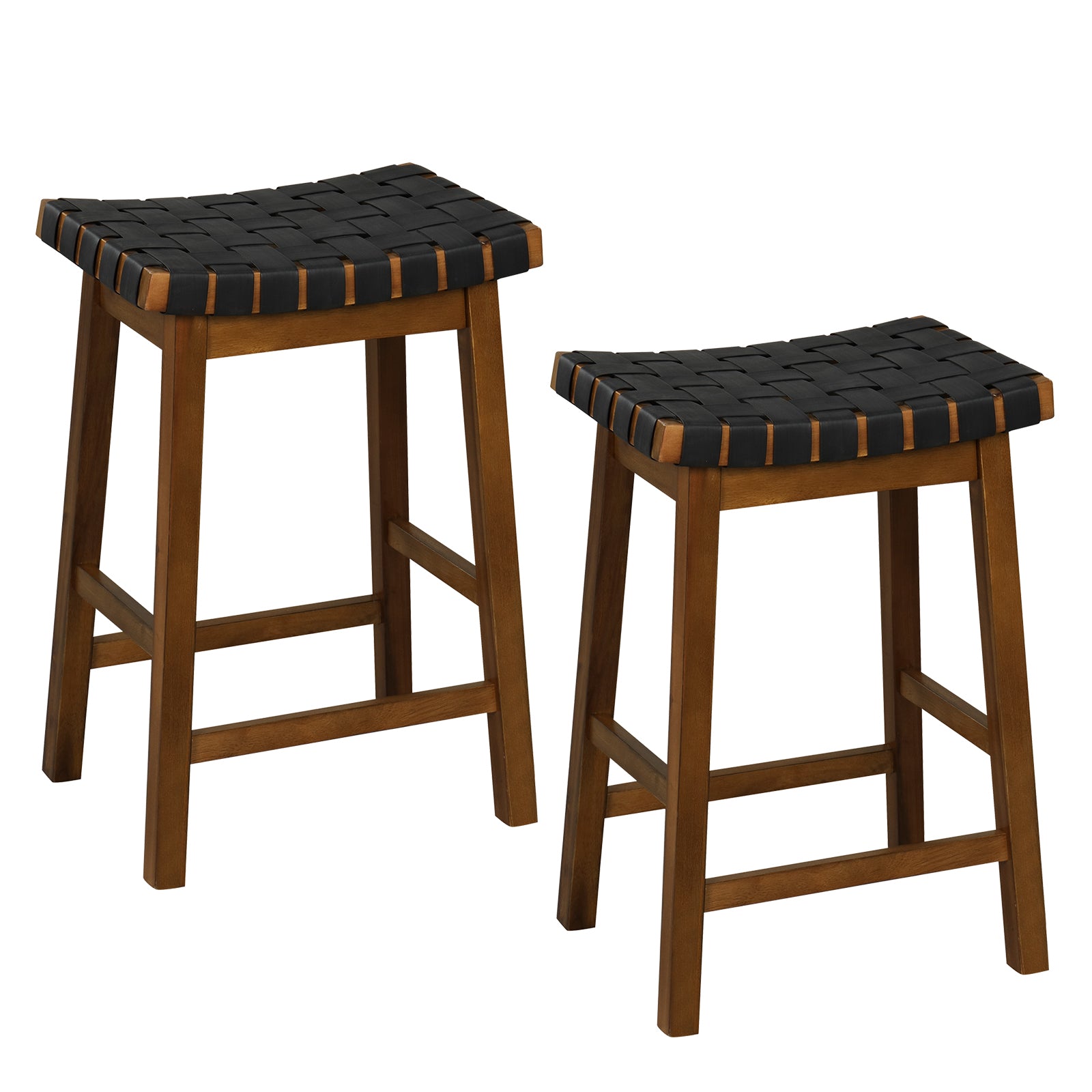 Faux PU Leather Counter Height Stools Set of 2 with Woven Curved Seat-Black &amp; Brown