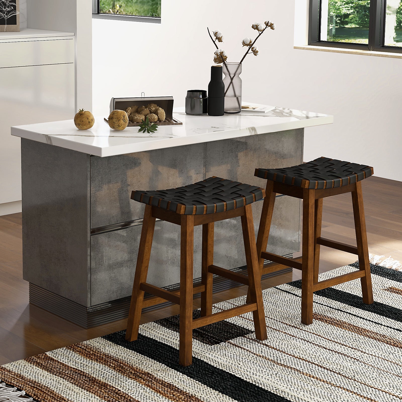 Faux PU Leather Counter Height Stools Set of 2 with Woven Curved Seat-Black &amp; Brown