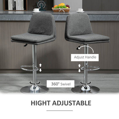 HOMCOM Morden Bar Stools Set of 2, Swivel Fabric Breakfast Barstools, Adjustable Kitchen Stools with Backs, Footrest for Home Pub Area, Grey